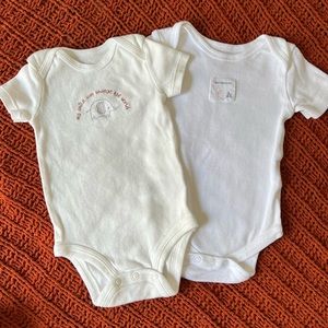 New never worn plain onesies Carter’s and Burt’s Bees, elephant and bee 0-3M